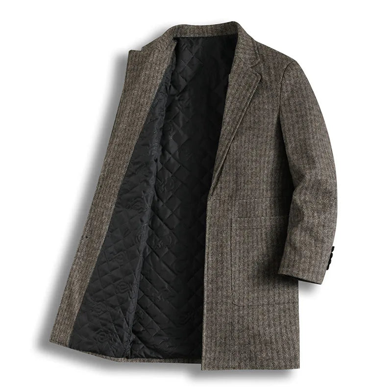Mid-Length Fashionable, Stylish, Versatile and Casual Herringbone Cotton Coat