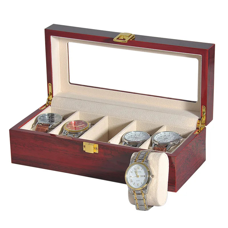 Wooden Luxury Watch Box 2/3/5/6/10/12 Slots Red Boxes Stoving Varnish Home Jewelry Storage Organizer Transparent Glass Show