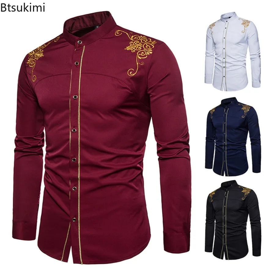 England Embroidery Long Sleeve Lapel Single-breasted Casual Dress Shirts