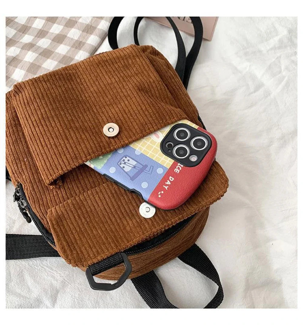 Women's Mini Backpack Fashion Solid Color Corduroy Small Simple Casual Traveling Large Capacity Durable Female's Schoolbag