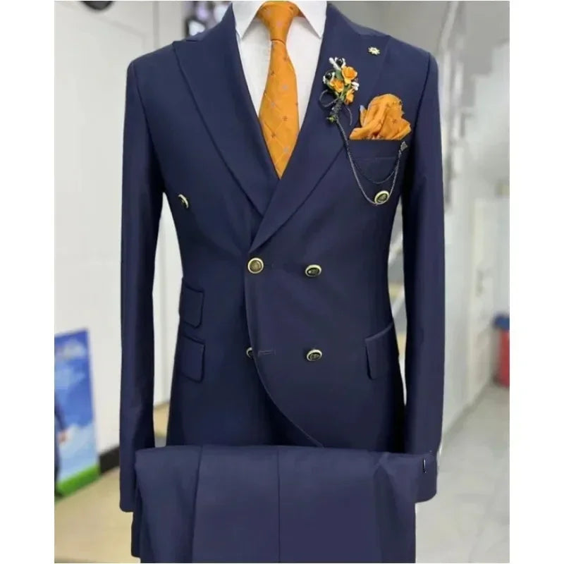 Suits for Men 2 Piece Solid Color Formal Business Casual Male Suit Fashion Peak Lapel Double Breasted Wedding Groom Tuxedo