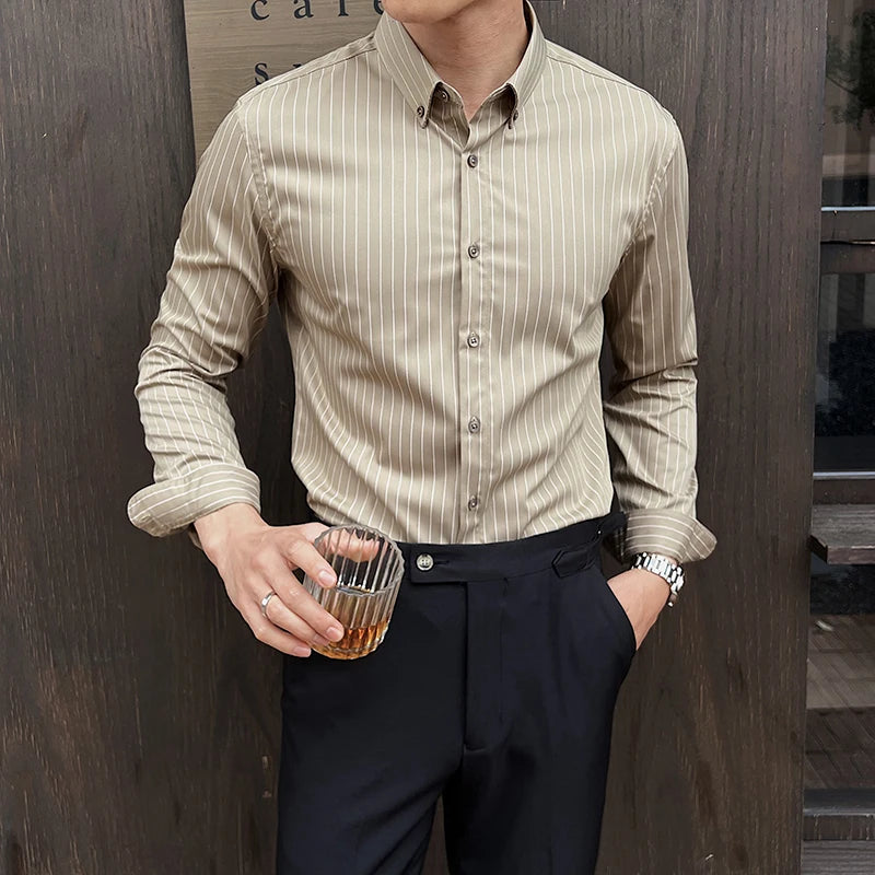 Striped Shirts Long Sleeved Elastic Slim Fit Dress Shirt for Men