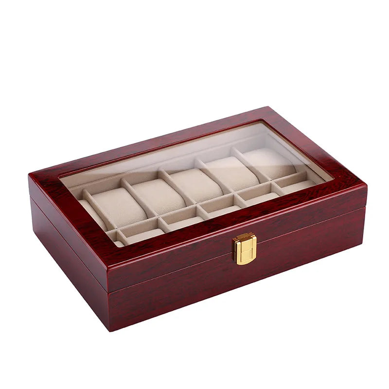 Wooden Luxury Watch Box 2/3/5/6/10/12 Slots Red Boxes Stoving Varnish Home Jewelry Storage Organizer Transparent Glass Show