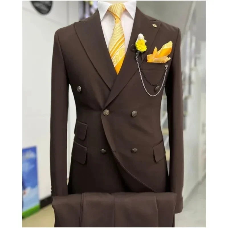 Suits for Men 2 Piece Solid Color Formal Business Casual Male Suit Fashion Peak Lapel Double Breasted Wedding Groom Tuxedo