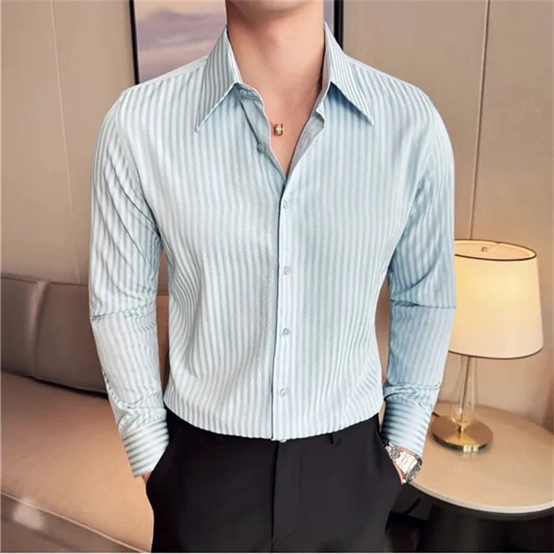 Long Sleeve Striped Smart Casual Turn Down Collar Slim Fit Shirts