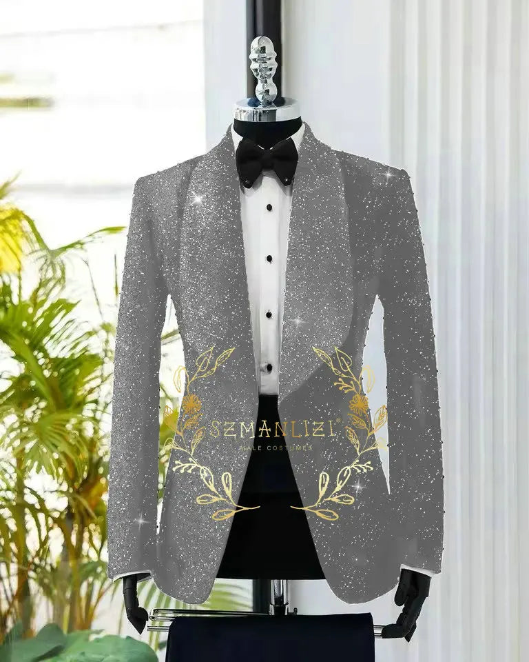 Men's Suit 2 Pieces Shiny Black Blazer Pants One Button Shawl Lapel Slim Fit Formal Groom Wear Wedding Party Costume Homme