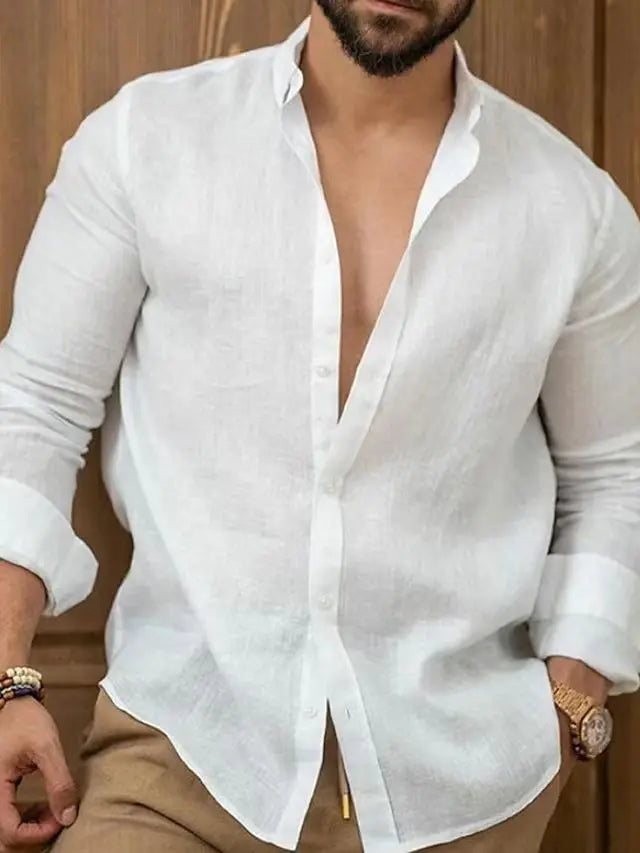 Solid Color Cotton Linen Plain Classic Button-up Lapel Long Sleeve Shirts