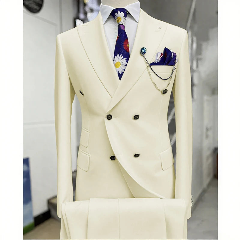 Suits for Men 2 Piece Solid Color Formal Business Casual Male Suit Fashion Peak Lapel Double Breasted Wedding Groom Tuxedo