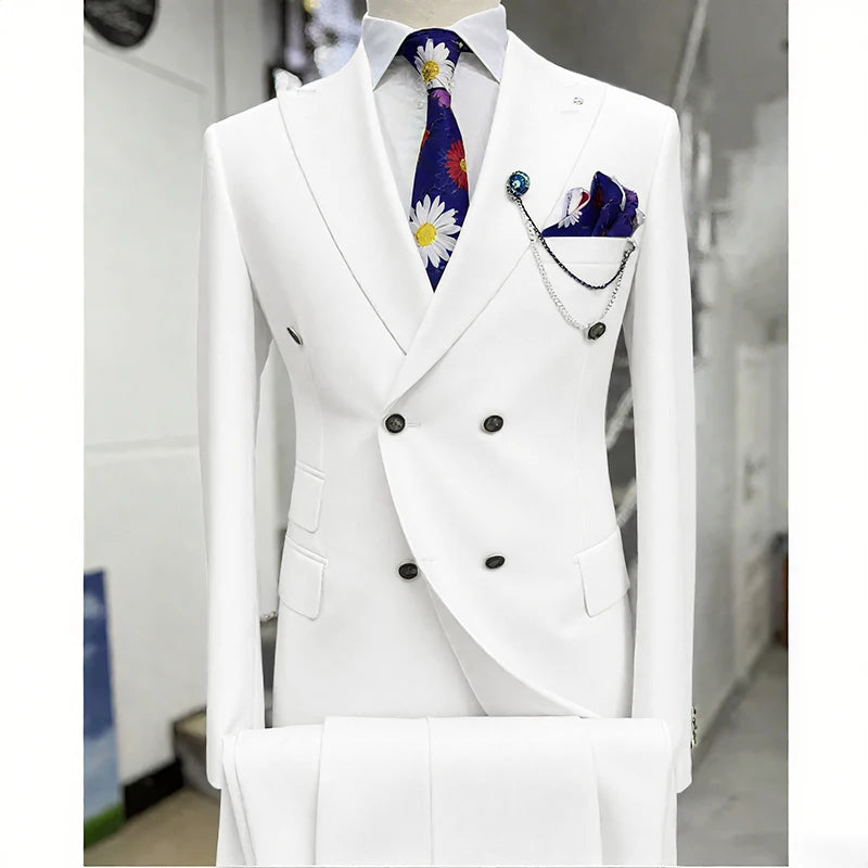 Suits for Men 2 Piece Solid Color Formal Business Casual Male Suit Fashion Peak Lapel Double Breasted Wedding Groom Tuxedo