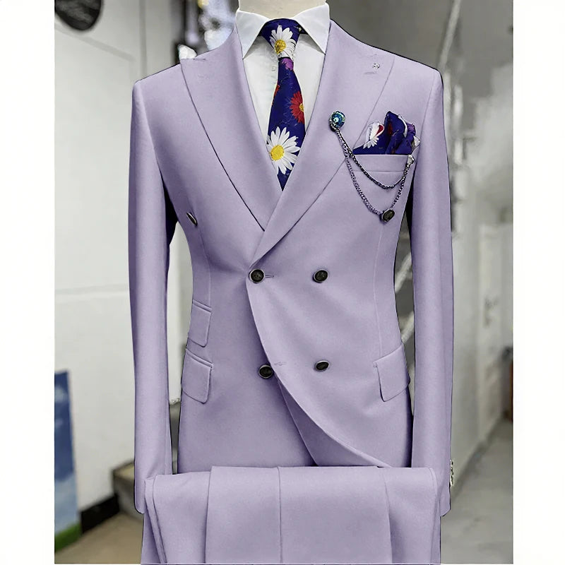 Suits for Men 2 Piece Solid Color Formal Business Casual Male Suit Fashion Peak Lapel Double Breasted Wedding Groom Tuxedo