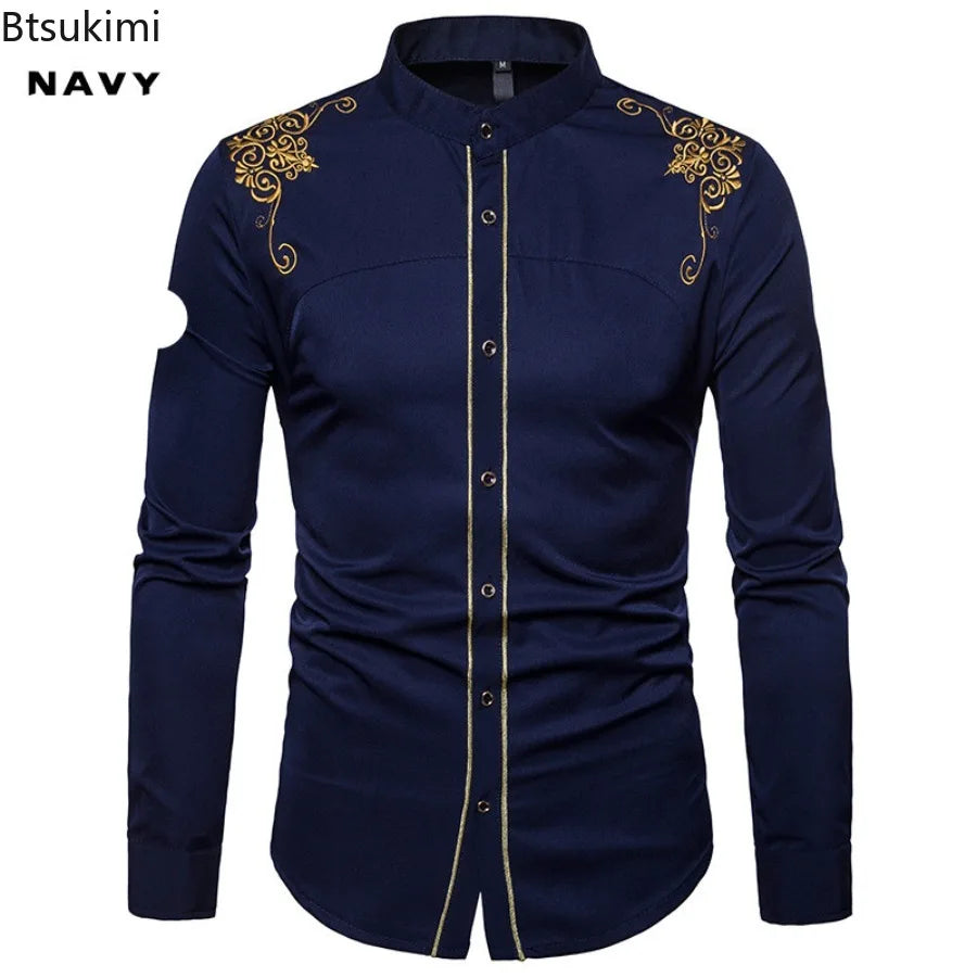 England Embroidery Long Sleeve Lapel Single-breasted Casual Dress Shirts