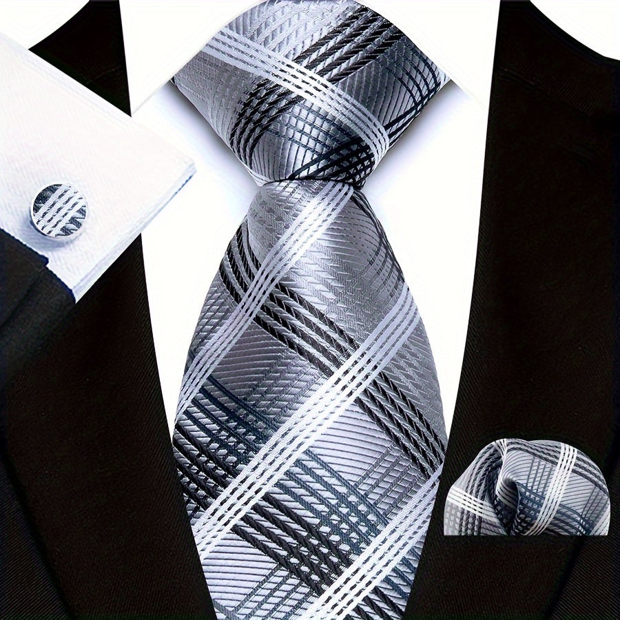 3pcs/set Plaid Pattern Tie Pocket Scarf Cuff Set for Suits - Premium Polyester Woven Accessories