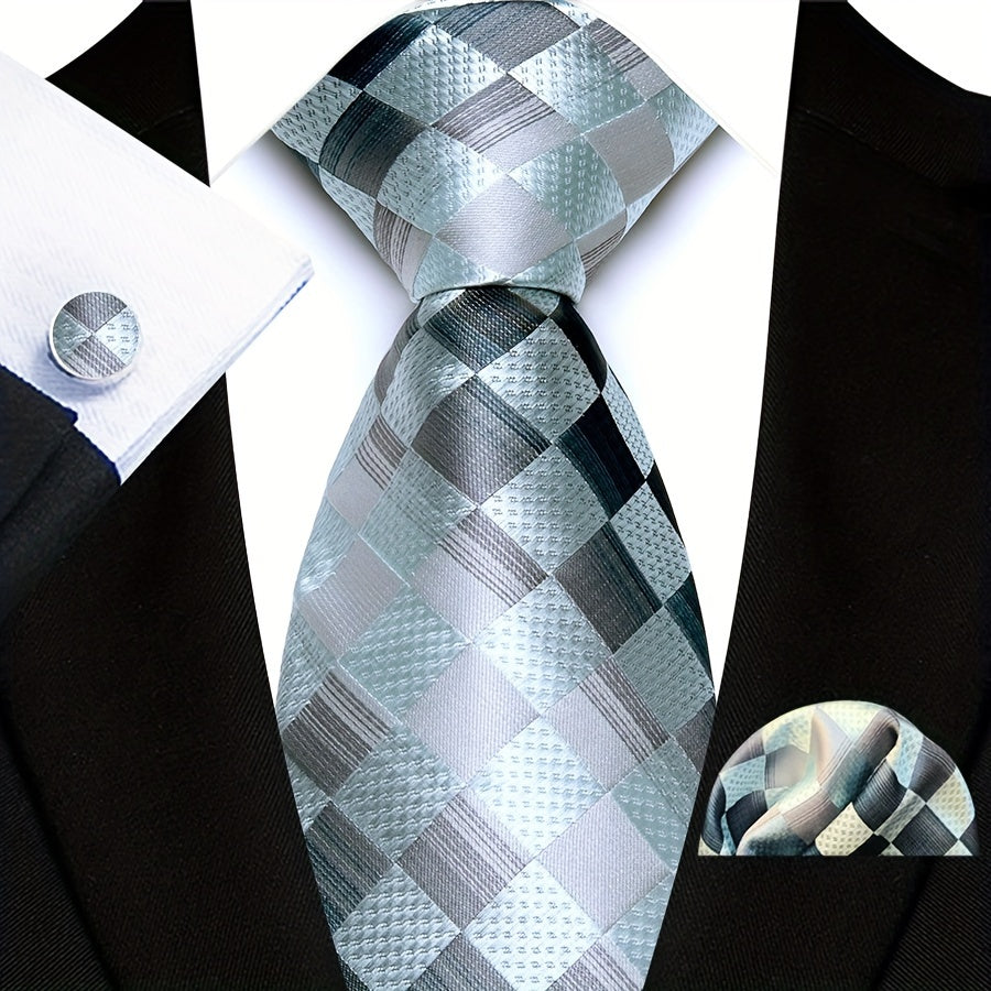 3pcs/set Plaid Pattern Tie Pocket Scarf Cuff Set for Suits - Premium Polyester Woven Accessories