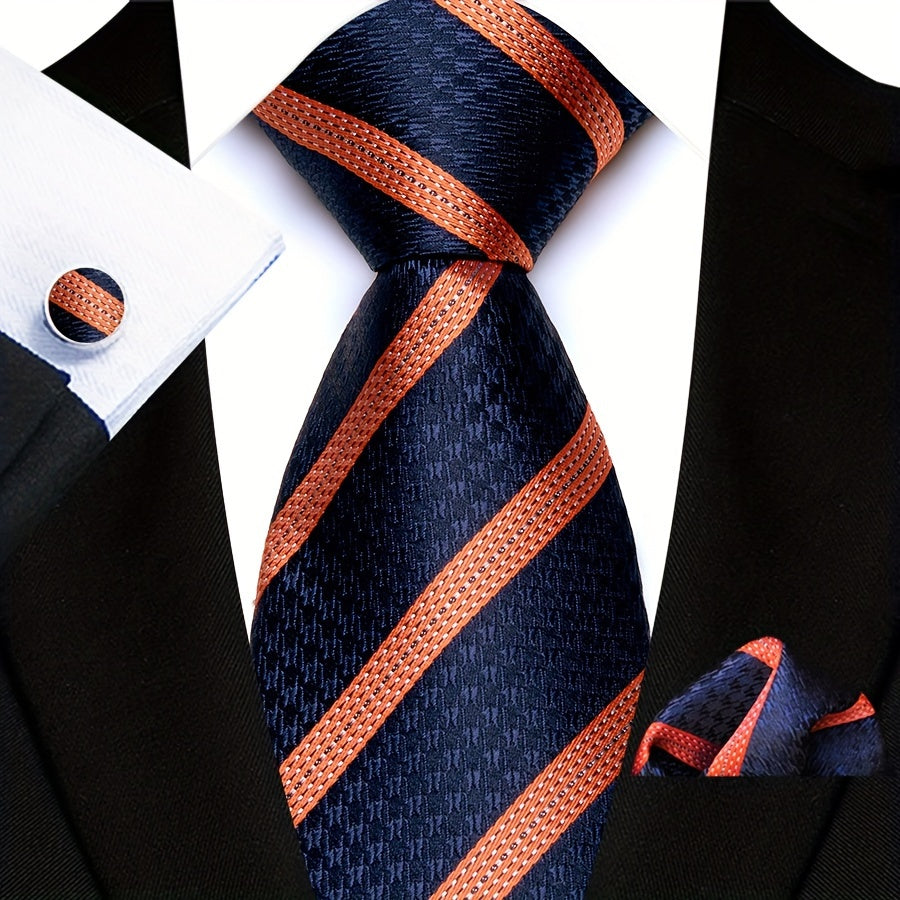 3pcs/set Plaid Pattern Tie Pocket Scarf Cuff Set for Suits - Premium Polyester Woven Accessories