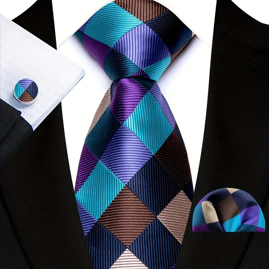 3pcs/set Plaid Pattern Tie Pocket Scarf Cuff Set for Suits - Premium Polyester Woven Accessories