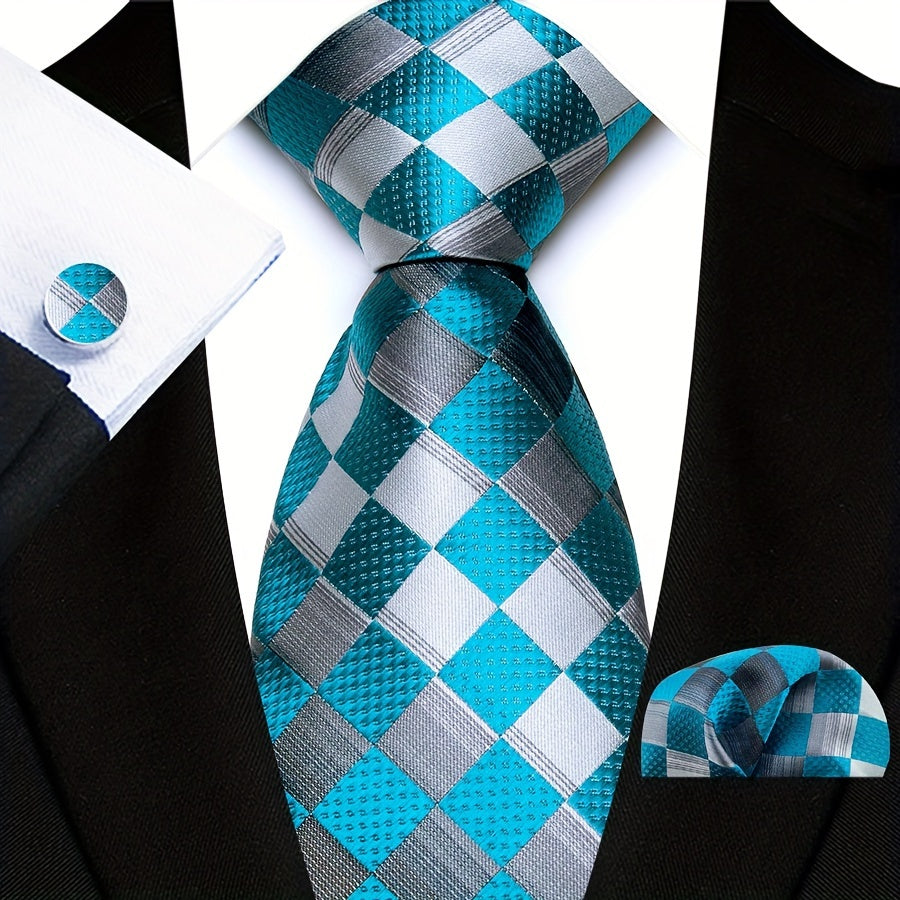 3pcs/set Plaid Pattern Tie Pocket Scarf Cuff Set for Suits - Premium Polyester Woven Accessories