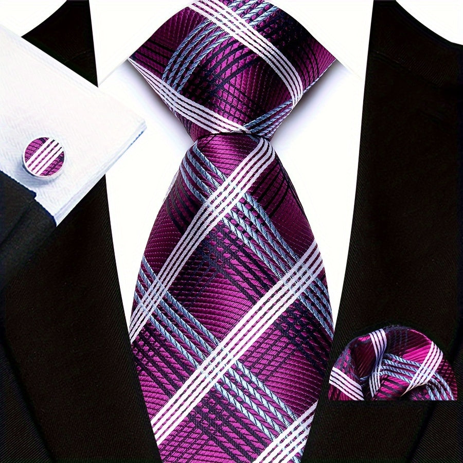 3pcs/set Plaid Pattern Tie Pocket Scarf Cuff Set for Suits - Premium Polyester Woven Accessories