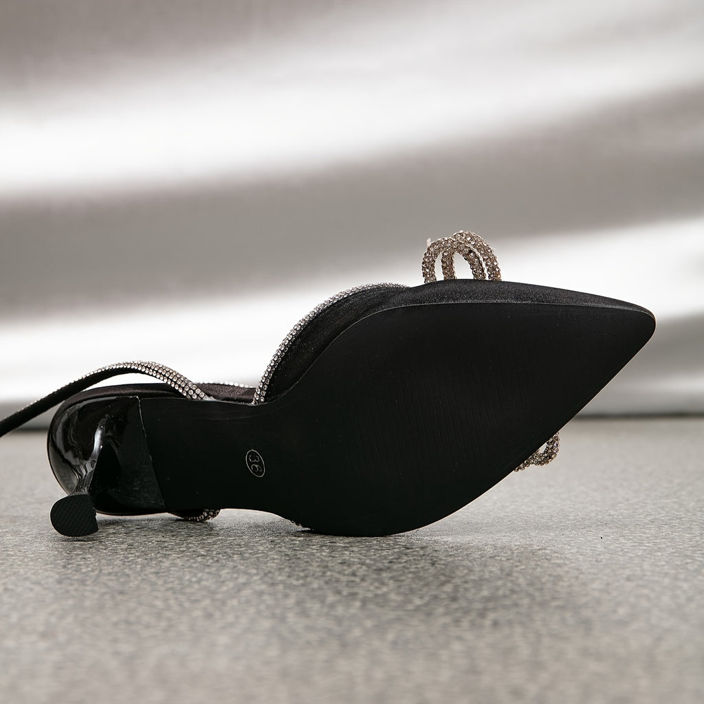 [Rhinestone Heels] Rhinestone High Heels | Women's Solid Color Slingback Pointed Toe Pumps, Ankle Straps, Wedding Dress Heels for Music Festival