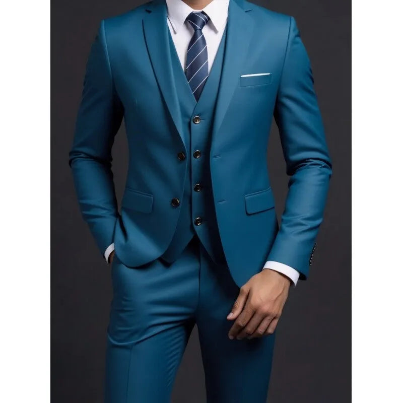 Suit (Blazer+ Vest + Trousers) Men's Fashionable Gentleman Business British Style Solid-color Banquet Host Casual Wedding Suit