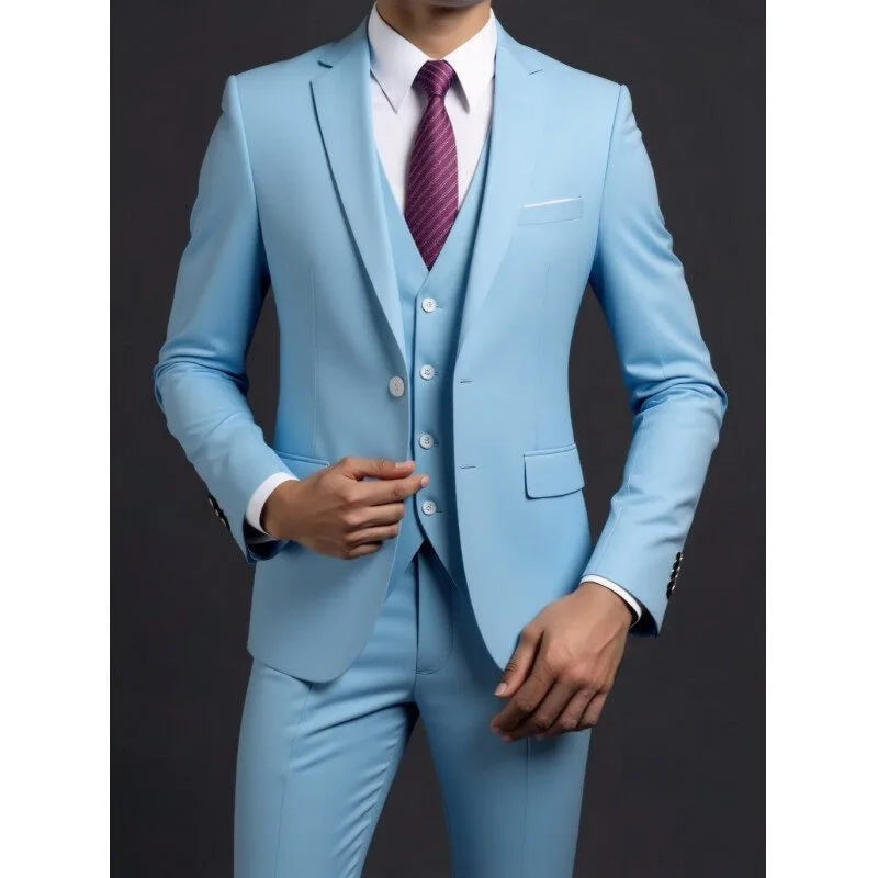 Suit (Blazer+ Vest + Trousers) Men's Fashionable Gentleman Business British Style Solid-color Banquet Host Casual Wedding Suit