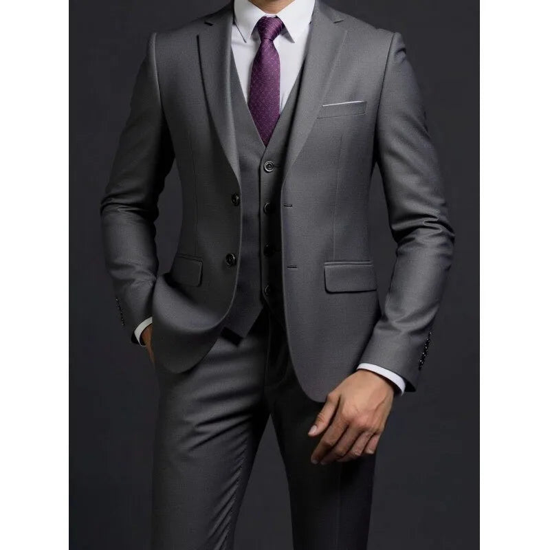 Suit (Blazer+ Vest + Trousers) Men's Fashionable Gentleman Business British Style Solid-color Banquet Host Casual Wedding Suit