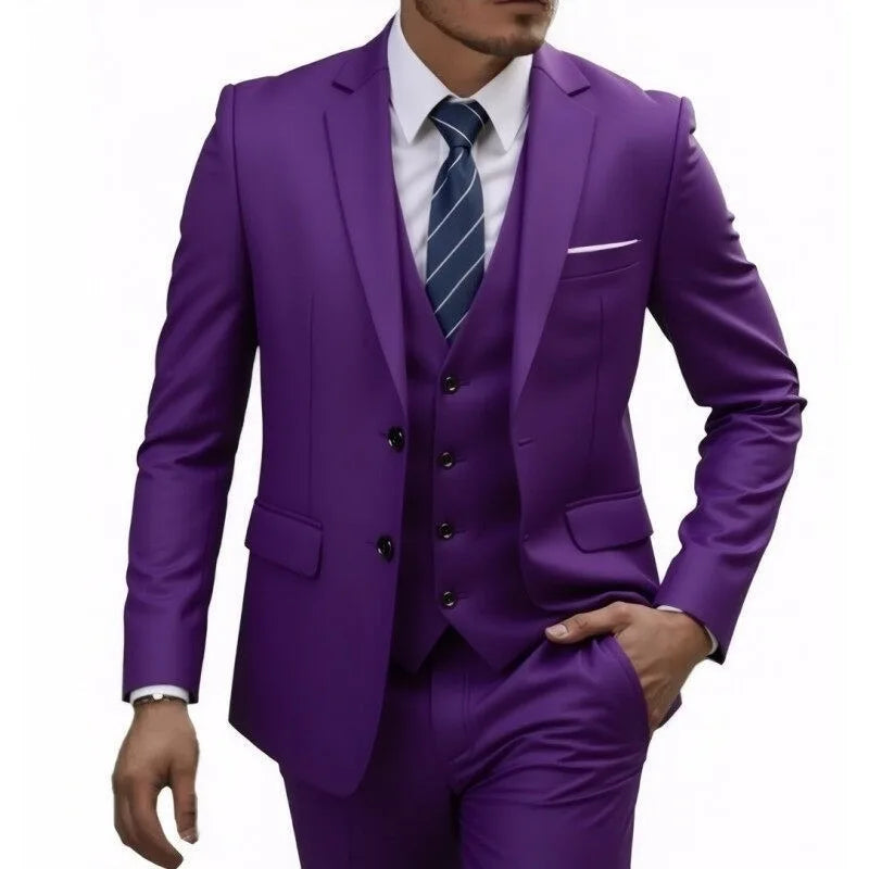 Suit (Blazer+ Vest + Trousers) Men's Fashionable Gentleman Business British Style Solid-color Banquet Host Casual Wedding Suit