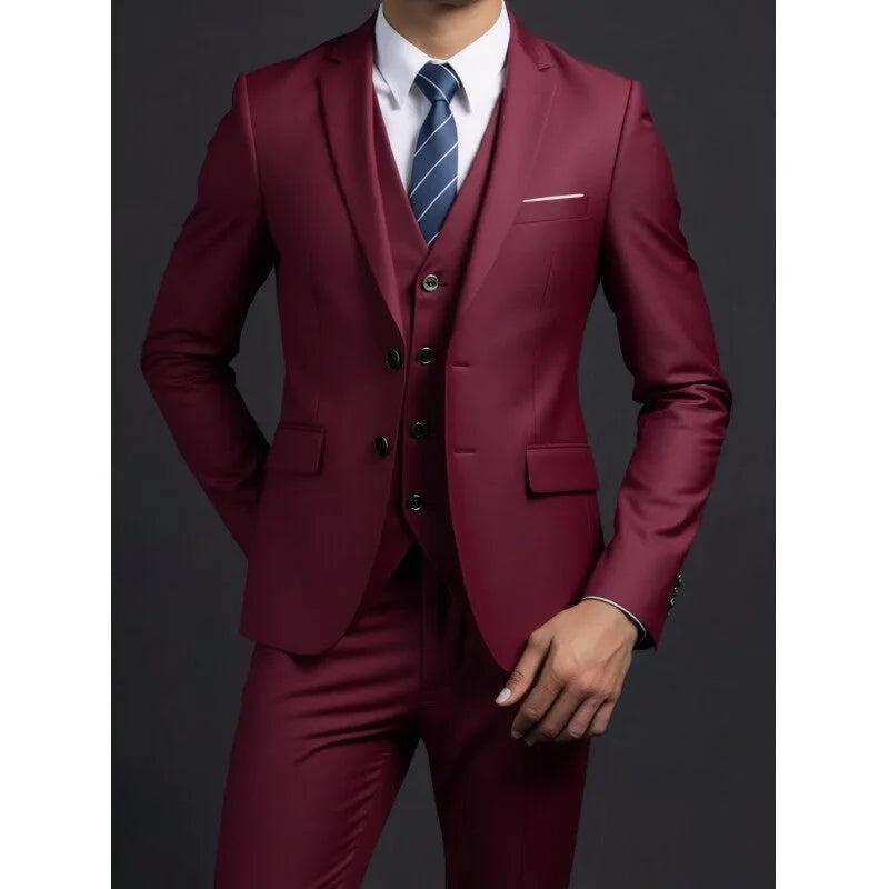 Suit (Blazer+ Vest + Trousers) Men's Fashionable Gentleman Business British Style Solid-color Banquet Host Casual Wedding Suit