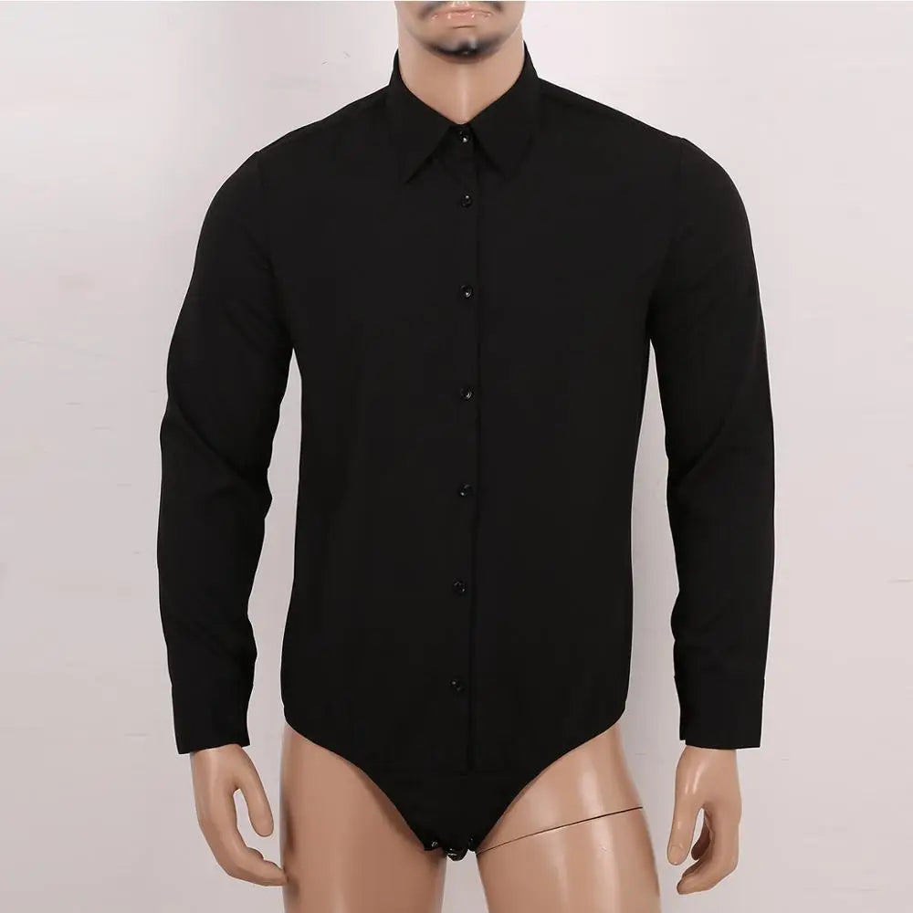 Mens Long Sleeves Turn-down Collar Button Down Solid Color Bodysuit Shirt Tops