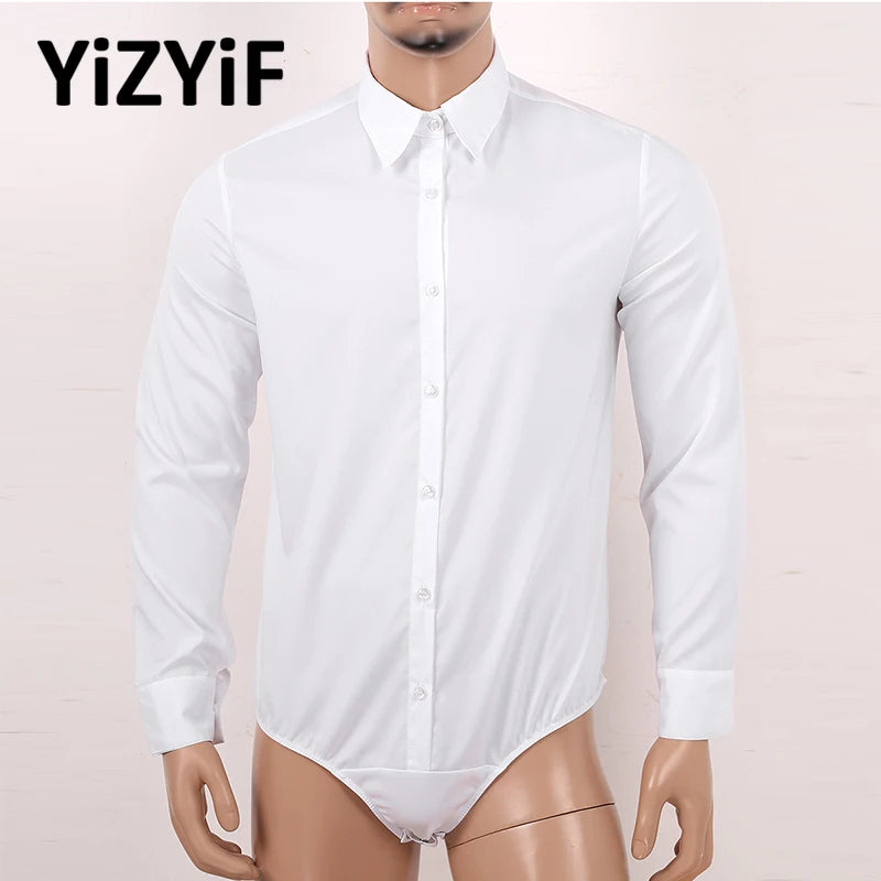 Mens Long Sleeves Turn-down Collar Button Down Solid Color Bodysuit Shirt Tops