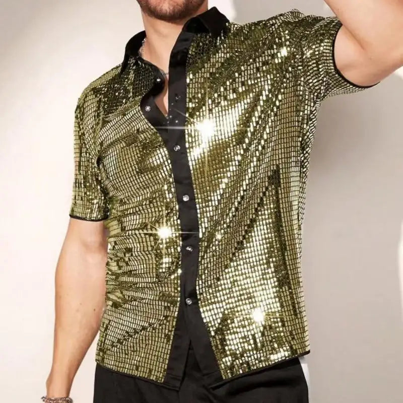 Shiny Sequin Short Sleeve Lapel Glitter Shirt
