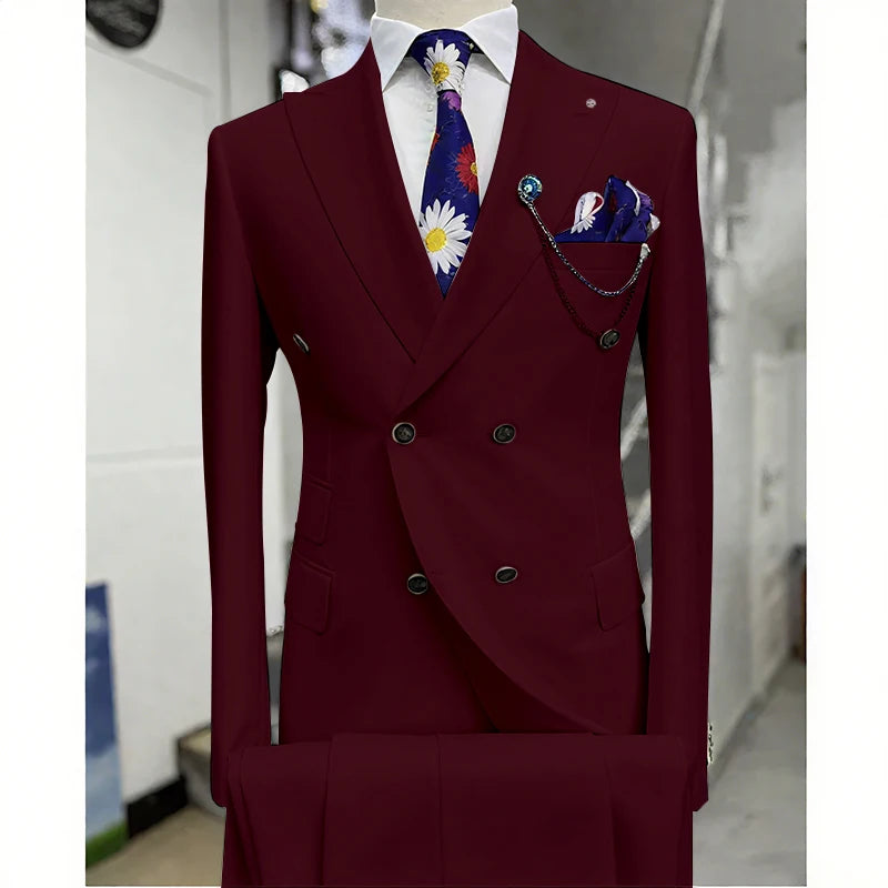 Suits for Men 2 Piece Solid Color Formal Business Casual Male Suit Fashion Peak Lapel Double Breasted Wedding Groom Tuxedo