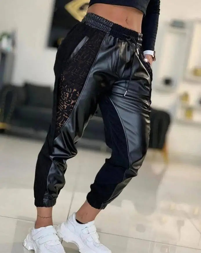 Casual Solid Color Contrast PU Lace Insert Pocket Drawstring High Waist Cuffed Trousers Pants