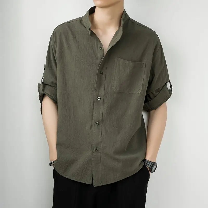 Plain Linen And Cotton Half Sleeve Shirt
