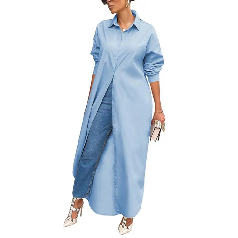 Women Windproof Dress Versatile Hem Solid Color Shirt Long Dress