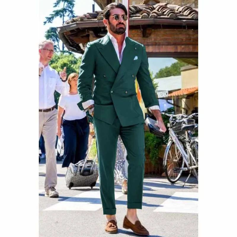 Two-piece Slim Fit Solid Color Double Breasted Spike Lapel