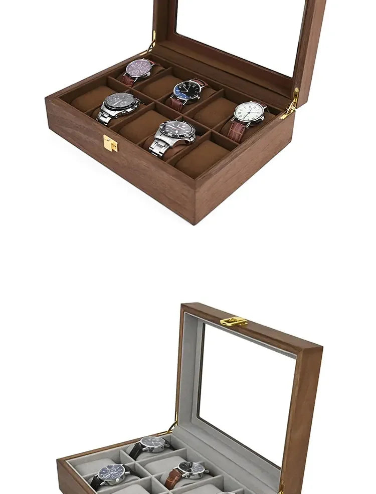 European Vintage Watch Box Organizer Inner Velvet Wood Watch Case Gold Tone Locking Mechanism Custom Logo Secure Display Storage