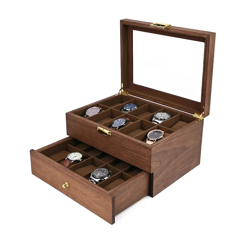 European Vintage Watch Box Organizer Inner Velvet Wood Watch Case Gold Tone Locking Mechanism Custom Logo Secure Display Storage