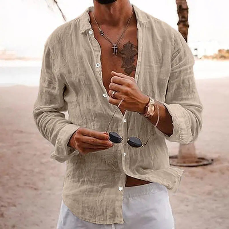 Men's shirt, solid color, loose-fitting, single-breasted, turn-down collar, cotton-linen long-sleeved top
