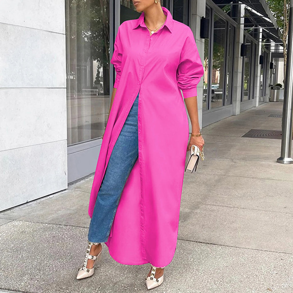 Women Windproof Dress Versatile Hem Solid Color Shirt Long Dress