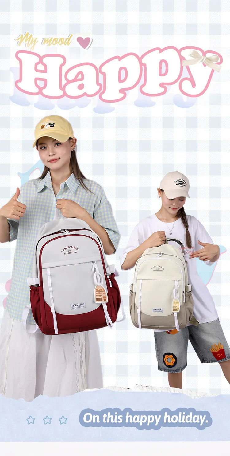 Backpack for Middle School Girls, Ins Style, College, High School, Versatile Color-Block Double