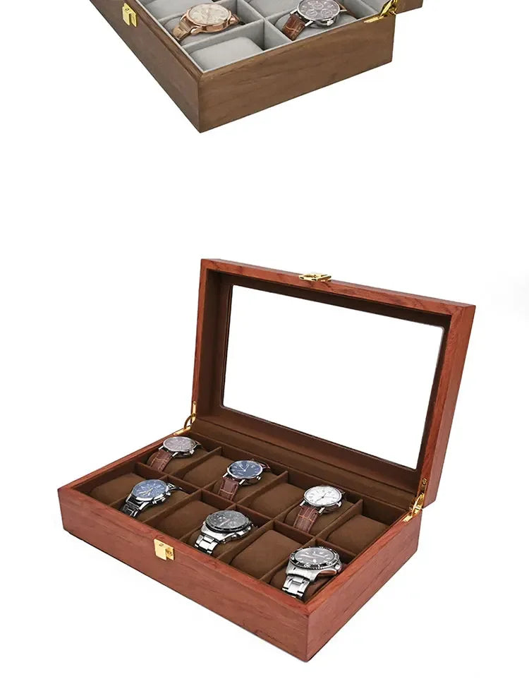 European Vintage Watch Box Organizer Inner Velvet Wood Watch Case Gold Tone Locking Mechanism Custom Logo Secure Display Storage