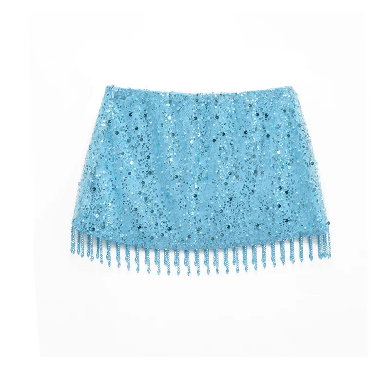 Women's Blue Halterneck Collar Pearl Fringe Sequin Top Skirt Suit Sexy Fashion Personality