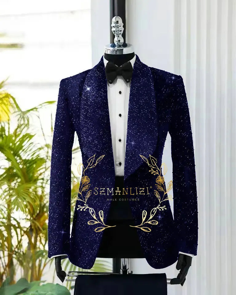 Men's Suit 2 Pieces Shiny Black Blazer Pants One Button Shawl Lapel Slim Fit Formal Groom Wear Wedding Party Costume Homme