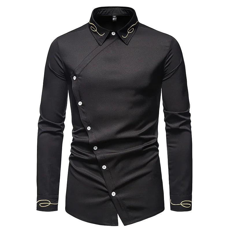 Men's Irregular Oblique Button Up Dress Elegant Embroidery Shirts