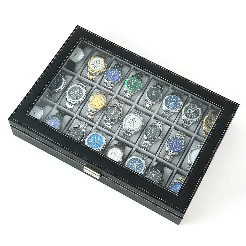 New 24 Slots Watch Storage Box PU Leather Wooden Watch Box Organizer 24 Grids Watch Display Case Jewelry Box for Watches Gifts