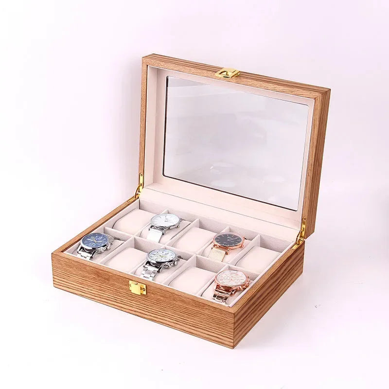 European Vintage Watch Box Organizer Inner Velvet Wood Watch Case Gold Tone Locking Mechanism Custom Logo Secure Display Storage