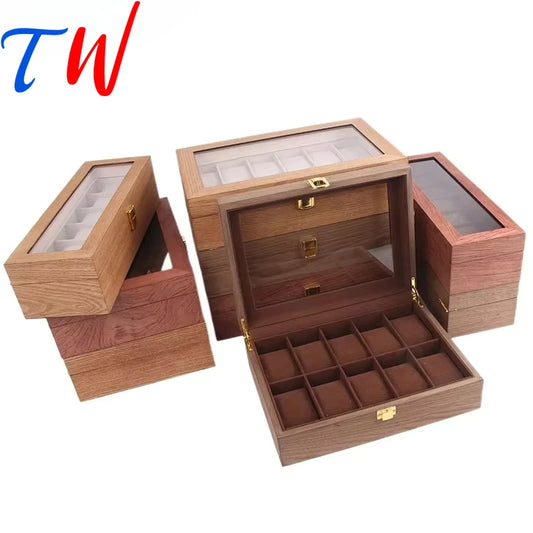 European Vintage Watch Box Organizer Inner Velvet Wood Watch Case Gold Tone Locking Mechanism Custom Logo Secure Display Storage