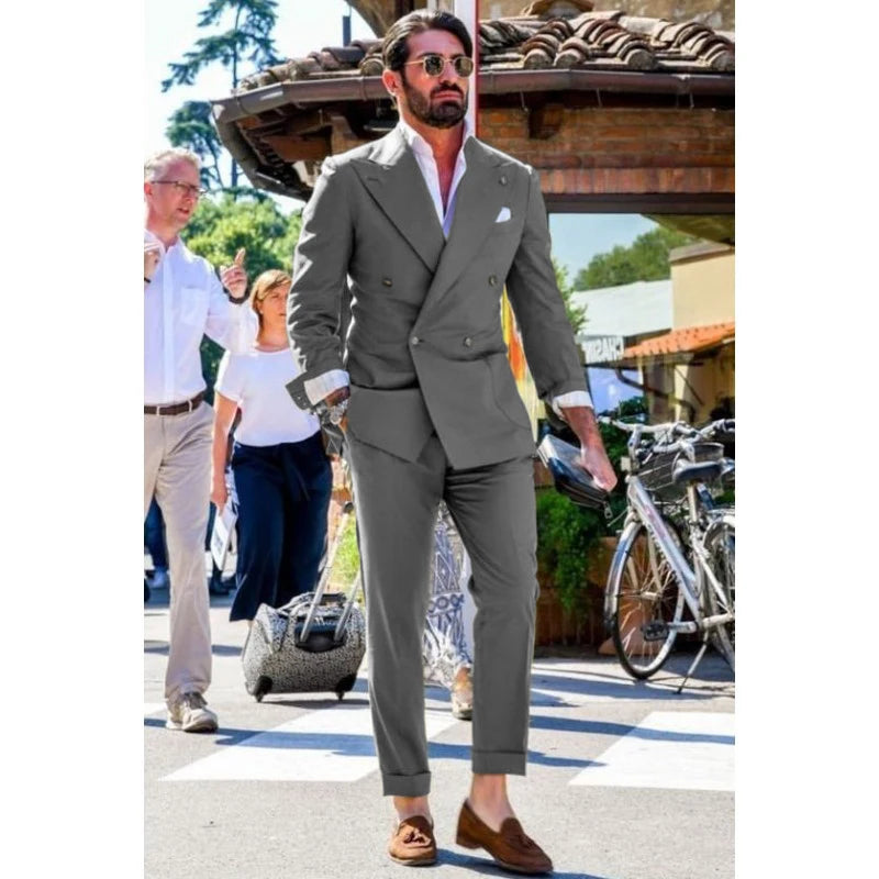 Two-piece Slim Fit Solid Color Double Breasted Spike Lapel