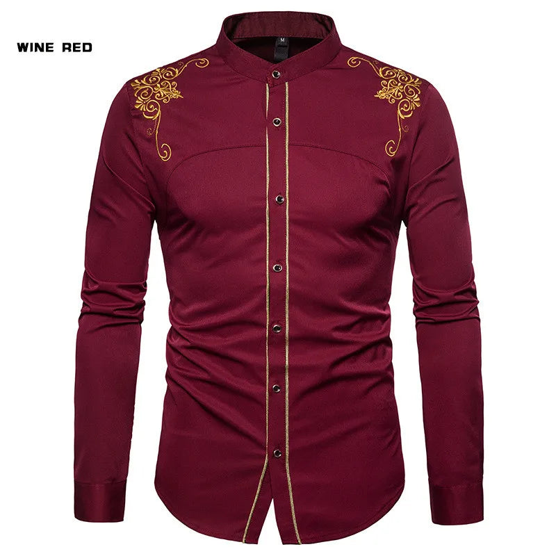England Embroidery Long Sleeve Lapel Single-breasted Casual Dress Shirts