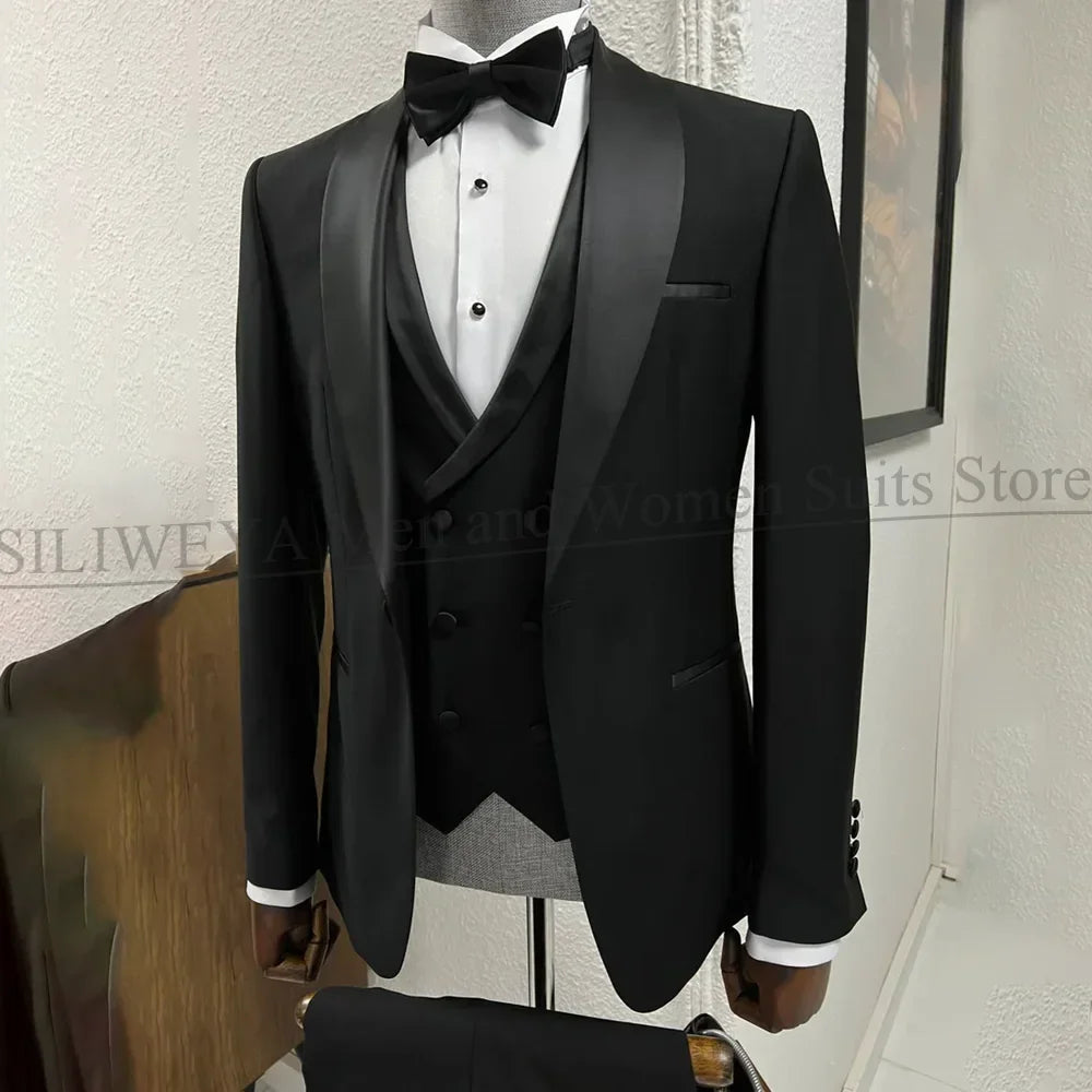 Black Suits for Men 3 Piece Classic Shawl Lapel One Button Tuxedo Fashion Groom Wedding Party Banquet Dinner Slim Male Suit
